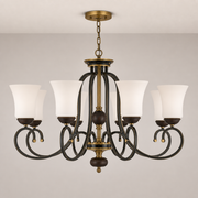 Haverford eight-light chandelier clean hero with complete flush-mounted ceiling canopy