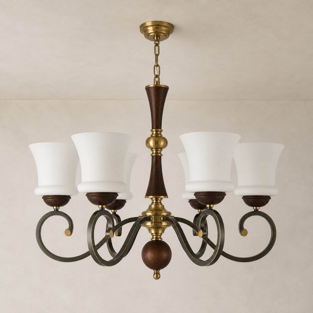 Langford six-light chandelier clean hero with complete ceiling canopy