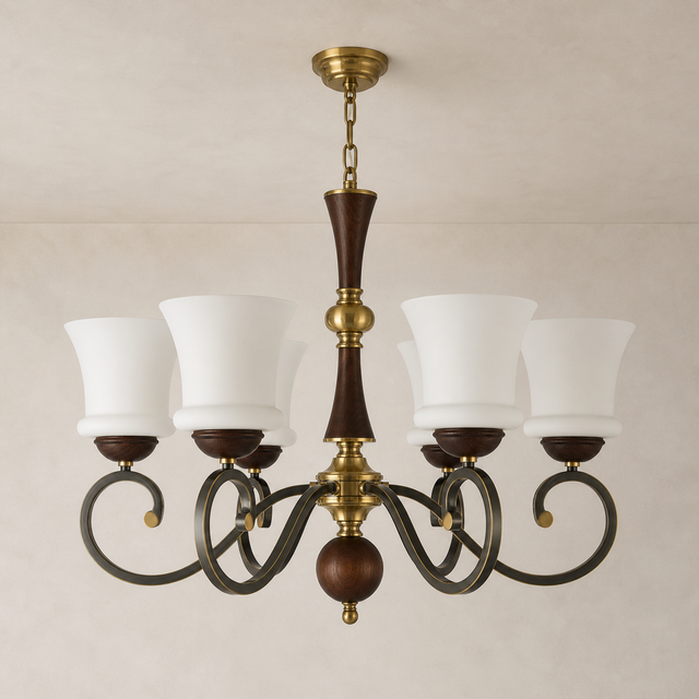 Langford Flared Opal Glass, Antique Brass and Dark Ash Wood Chandelier