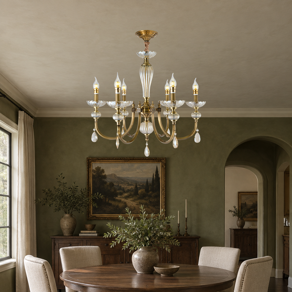 Lucerayne six-light fluted glass and crystal candle chandelier with a short adjustable suspension and flush ceiling canopy