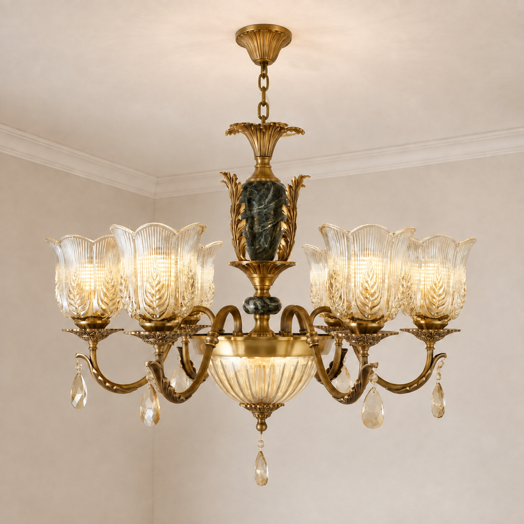 Marmavelle six-light leaf-cut glass and crystal chandelier with a short chain and flush ceiling canopy