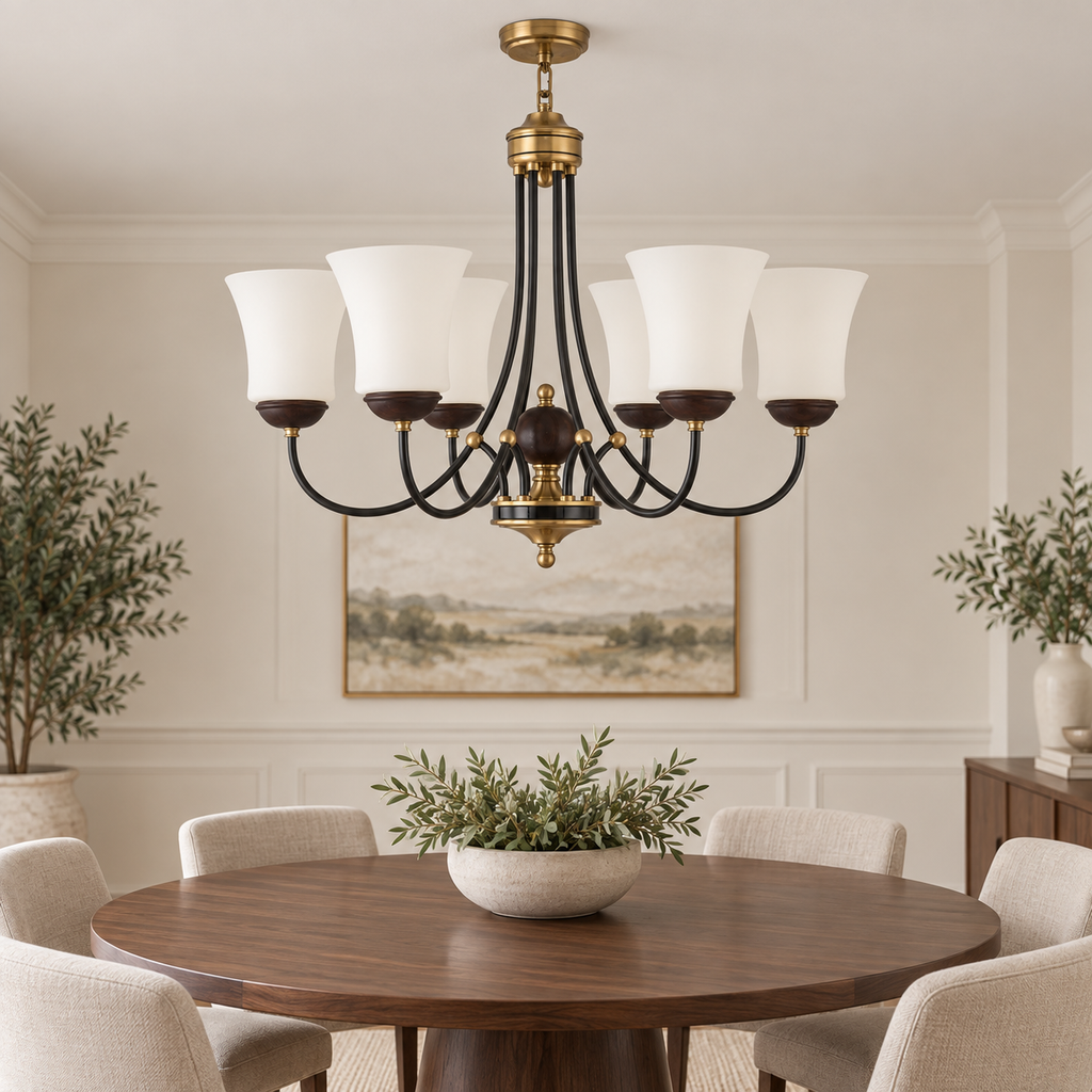 Mornvale six-light flared opal glass and ash wood chandelier with a flush ceiling canopy and compact suspension