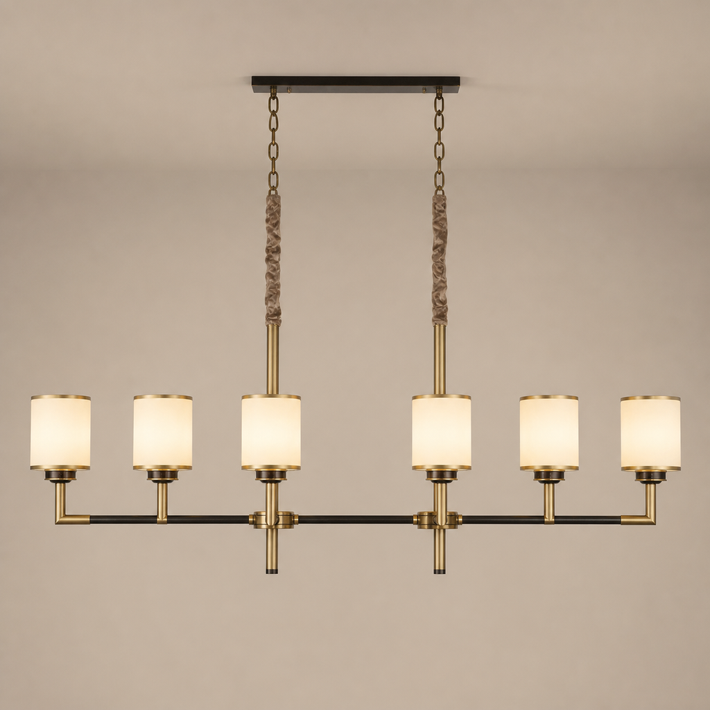 Orseline six-light linear chandelier clean product hero with a flush ceiling canopy