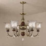 Rillavine six-light ribbed glass and ash wood chandelier with a flush ceiling canopy and short chain
