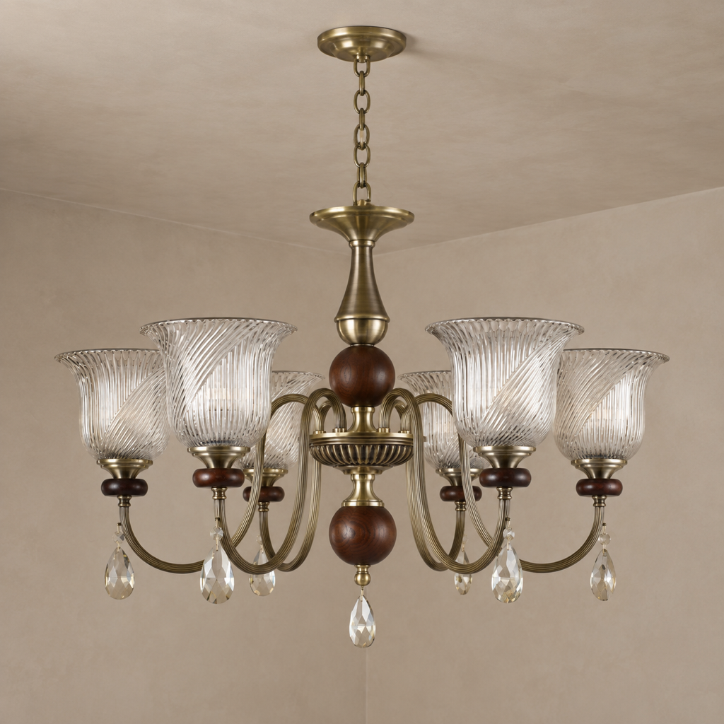 Rillavine six-light ribbed glass and ash wood chandelier with a flush ceiling canopy and short chain