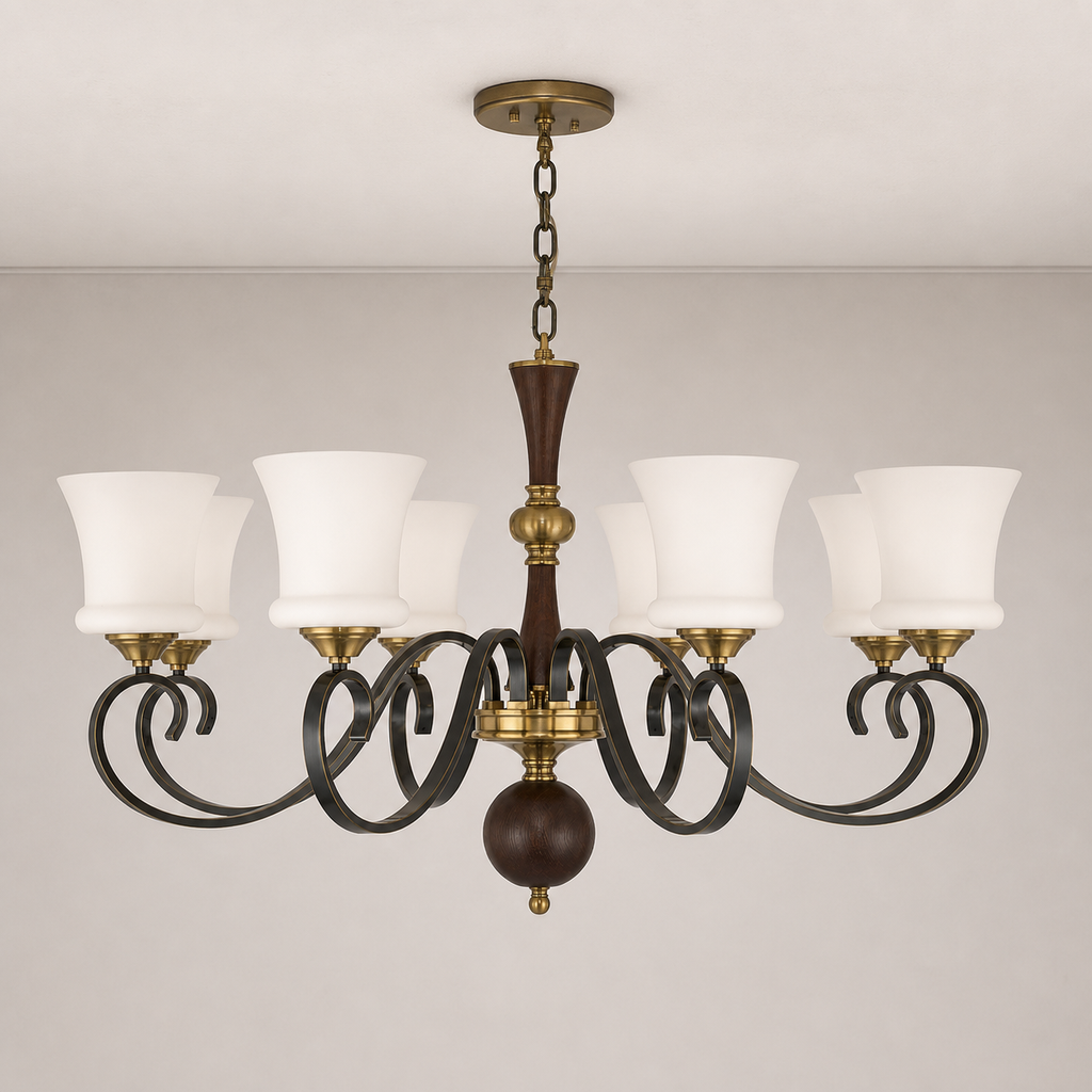 Rosethorne blackened scroll-arm chandelier clean hero with complete flush-mounted ceiling canopy