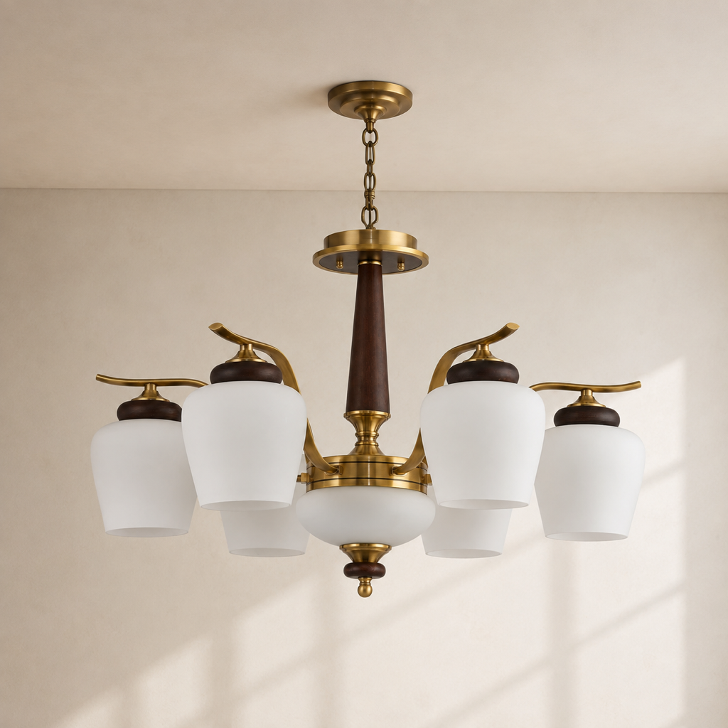 Solvarenne six-light bell-shade milk glass and ash wood chandelier with a flush ceiling canopy and short chain