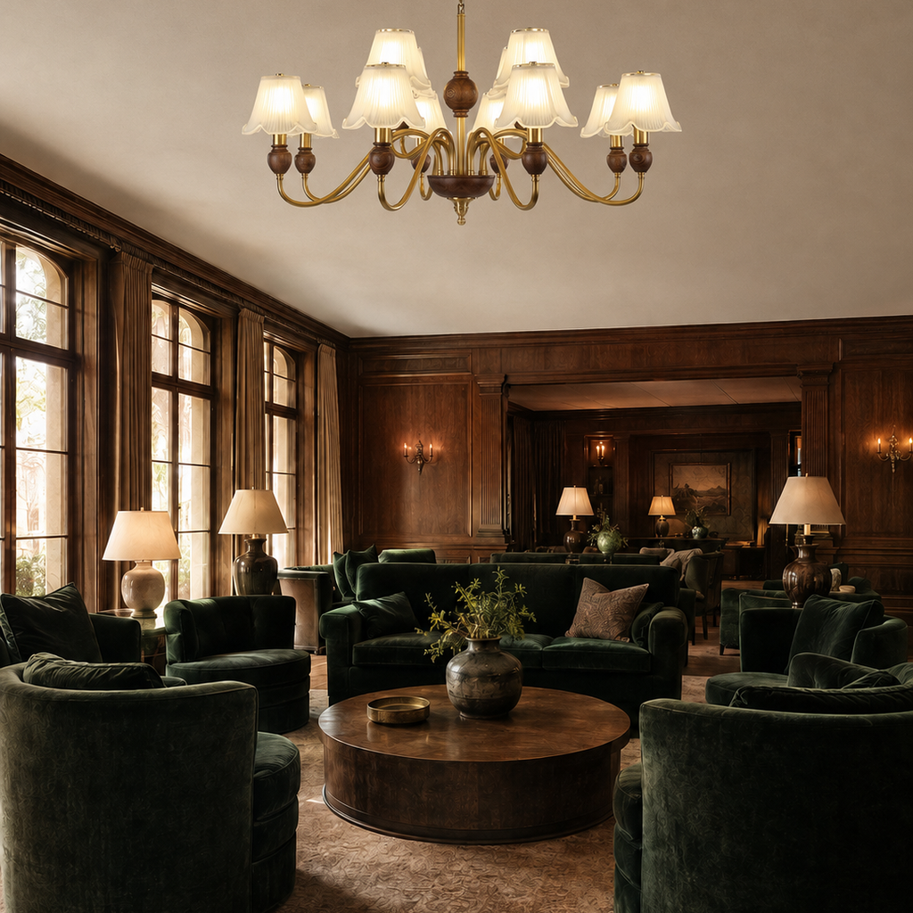 Sorrelune eight-light scalloped fluted glass chandelier mounted to a warm finished ceiling