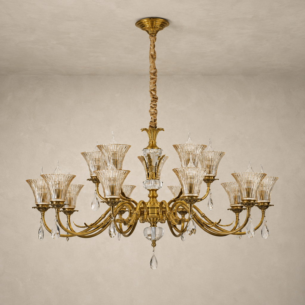 Verelisse 15-light two-tier champagne fluted glass chandelier mounted to a warm neutral ceiling