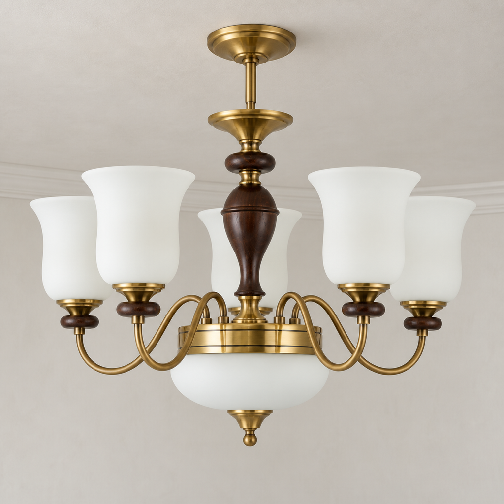 Vespermere Flared Milk Glass and Ash Wood Chandelier complete installed product view with a finished ceiling and canopy