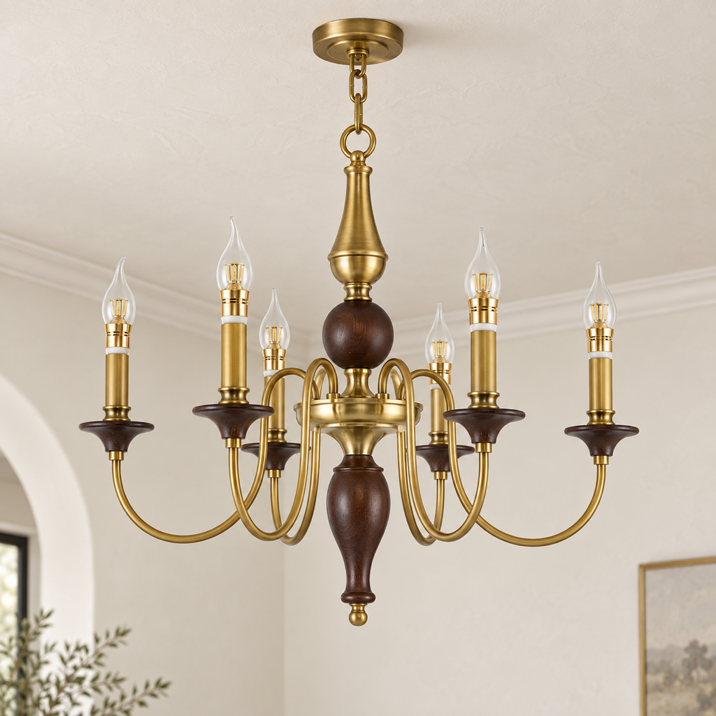 Wynthorne Ash Wood and Antique Bronze Candle Chandelier complete installed product view with a finished ceiling and canopy