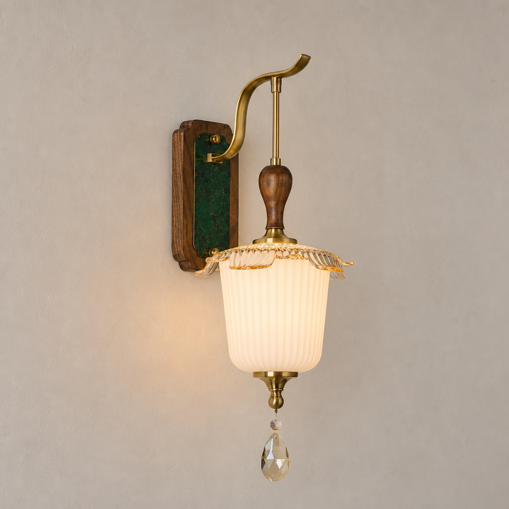 Virdelune 9190 B2 fluted bell glass wall sconce on a warm beige plaster wall