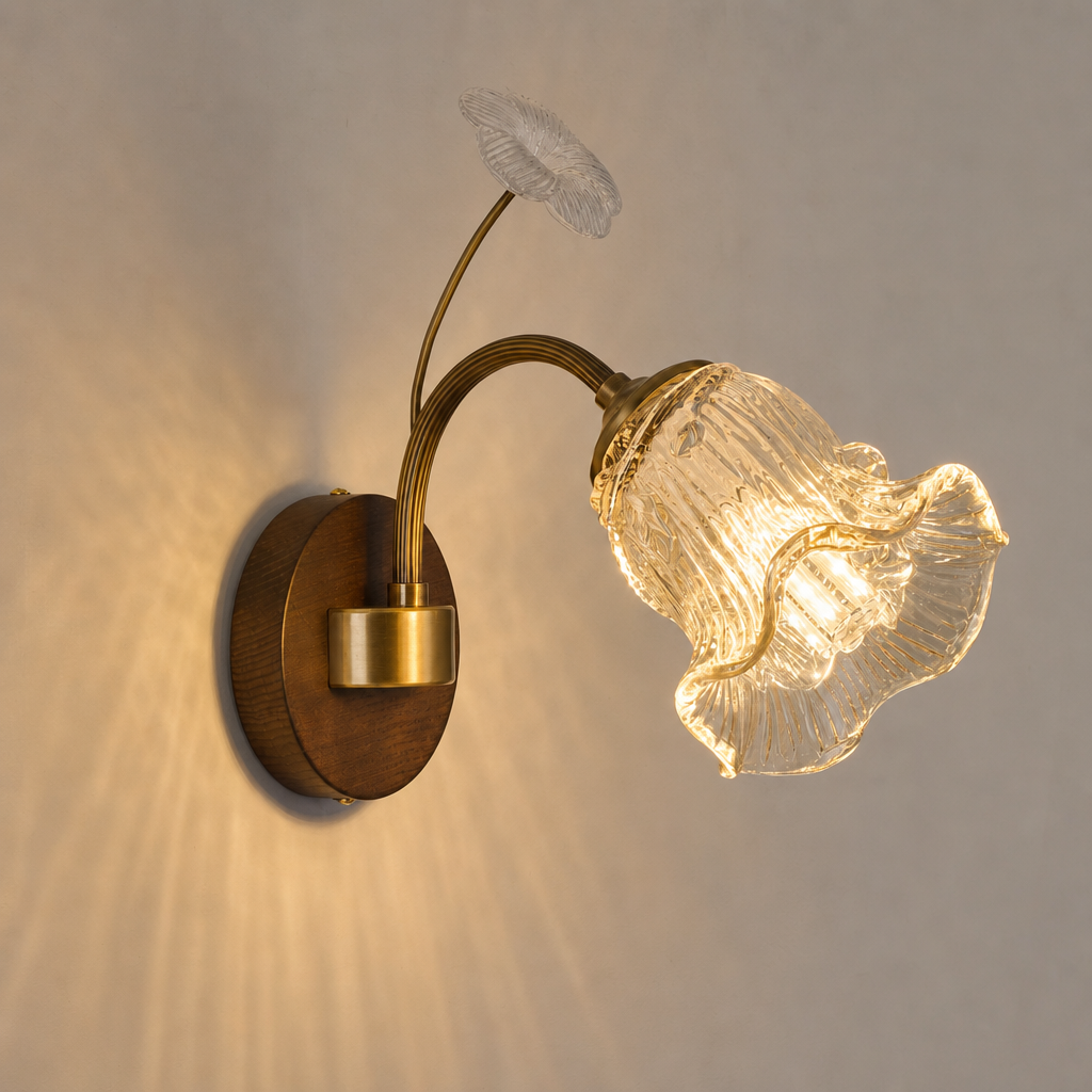 Lyravelle 5920 sculpted flower glass wall sconce glowing on a warm taupe wall