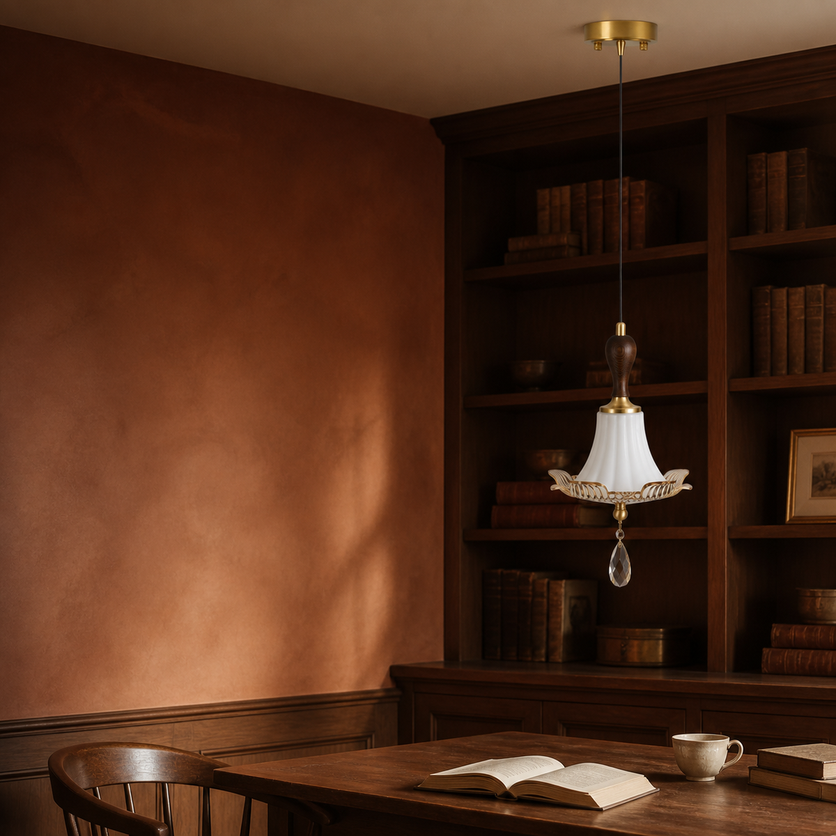 Celestine Pendant A in a terracotta library