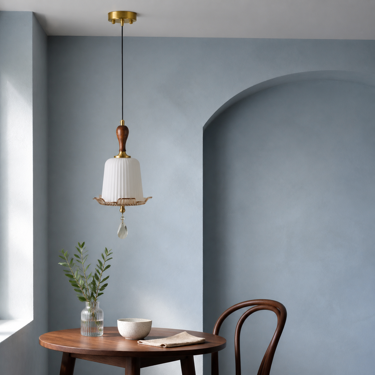 Floralie Pendant A in a blue breakfast alcove unlit