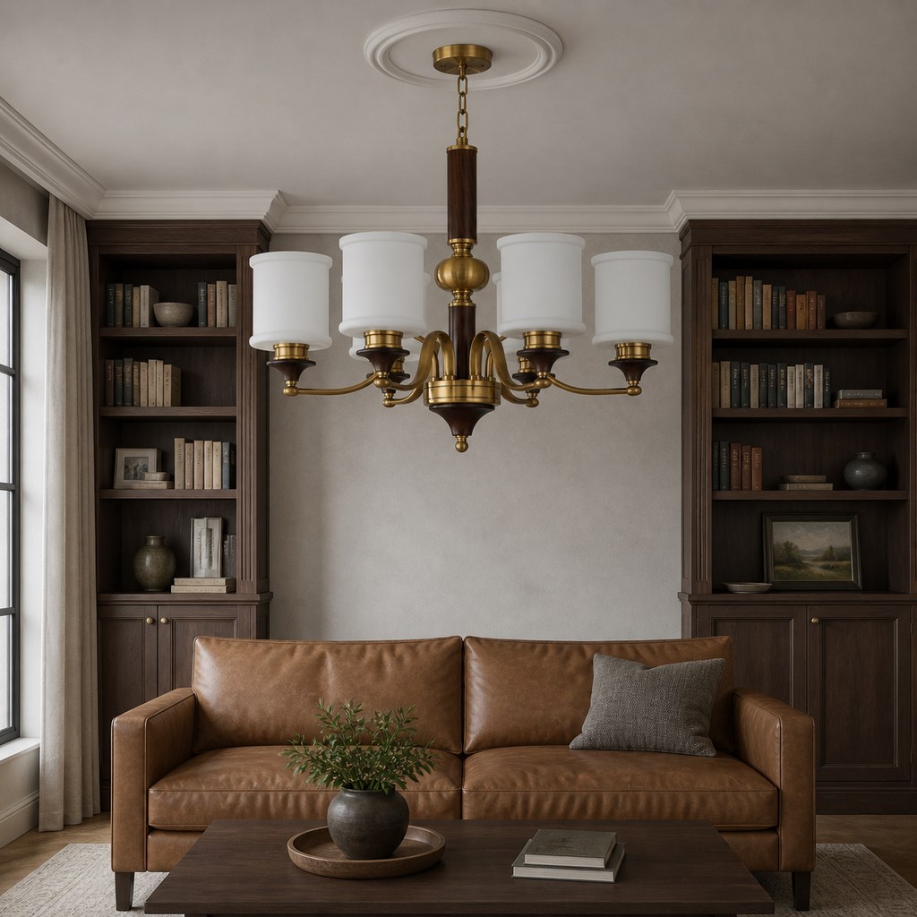 Unlit Alderleigh six-light chandelier centered in a walnut library living room with canopy flush to the ceiling