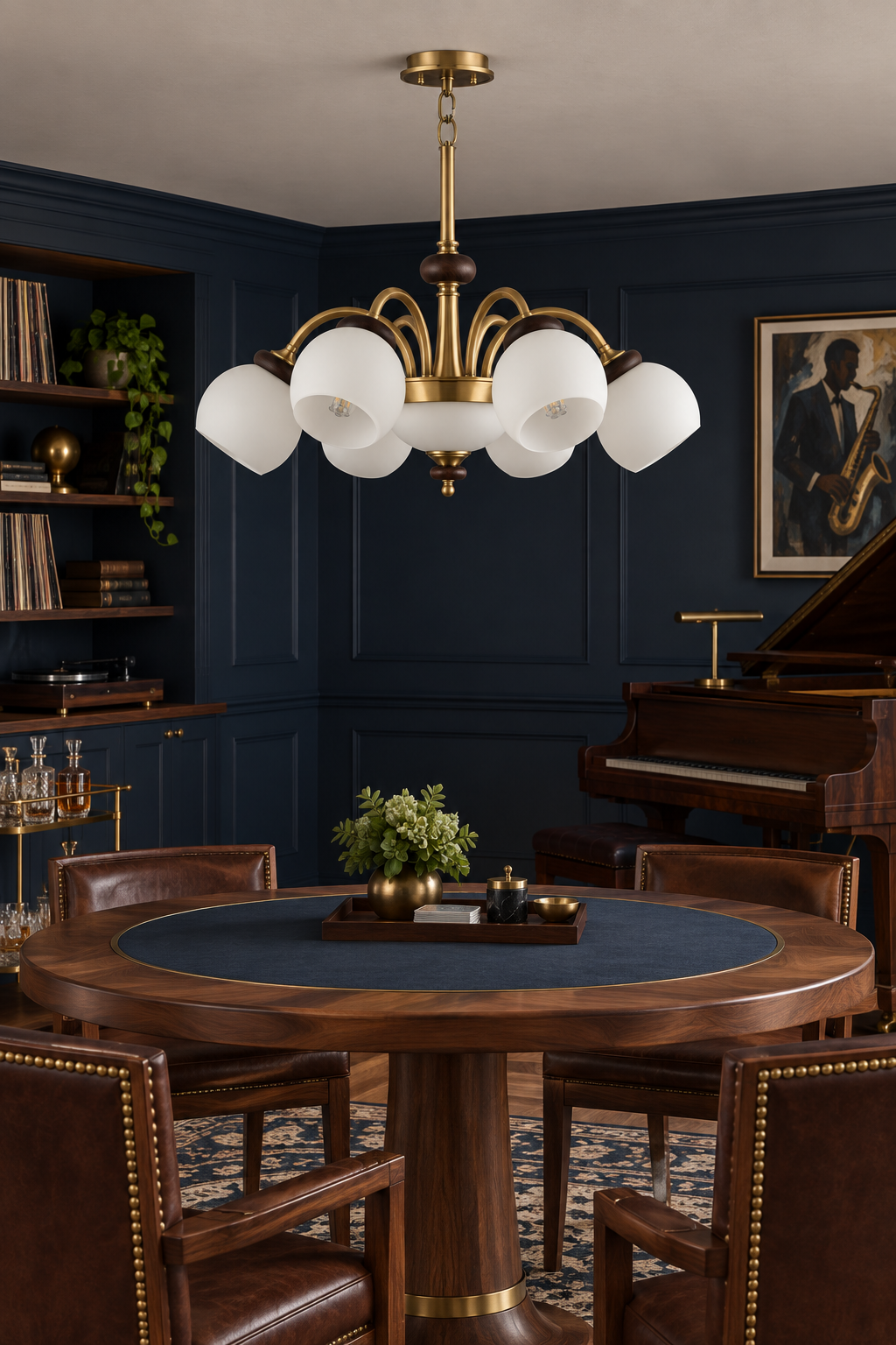 Arborenne six-light chandelier centered above a round walnut table in a midnight-blue music room, fixture off