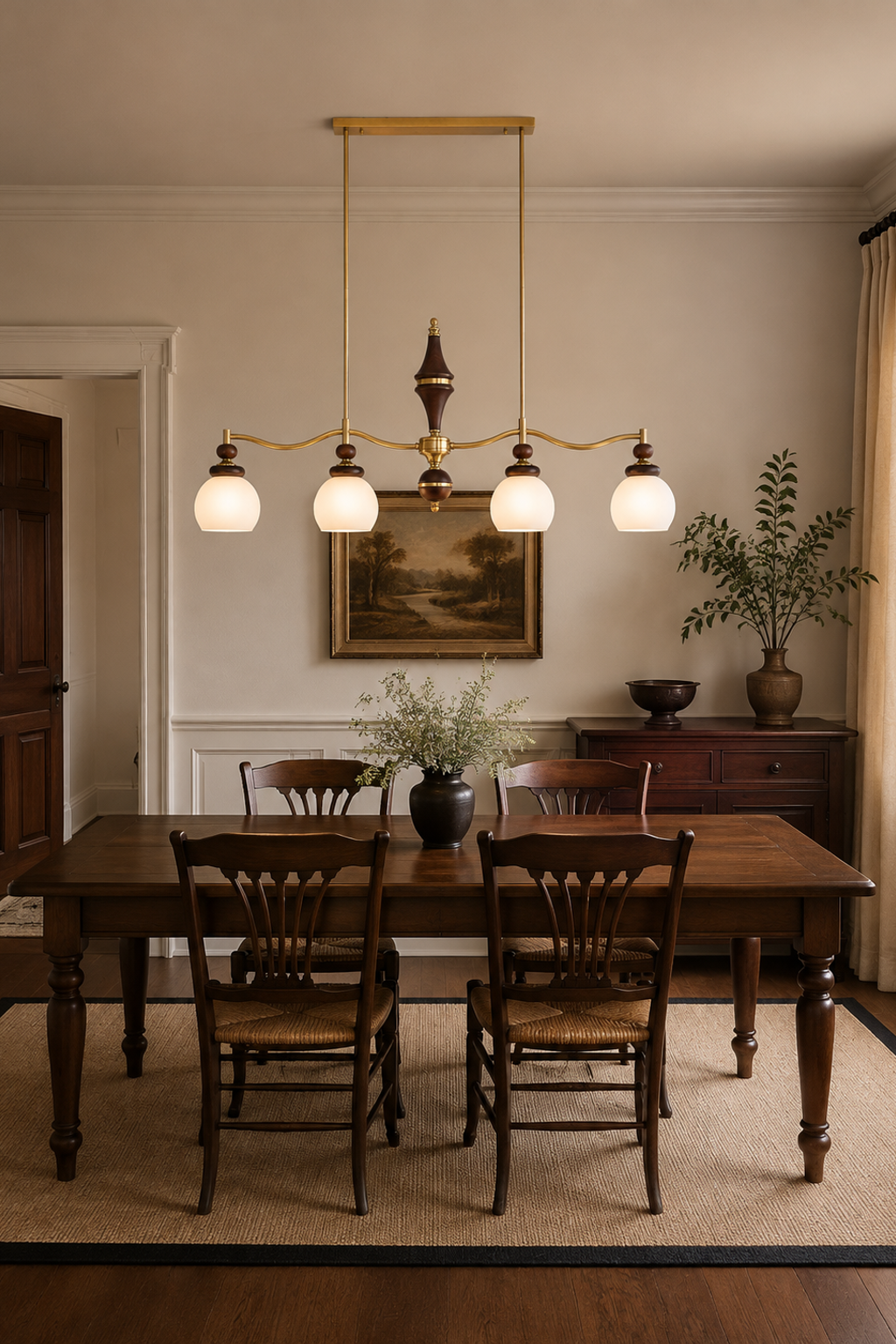 Arclorune four-light opal globe wood linear chandelier centered above a walnut dining table