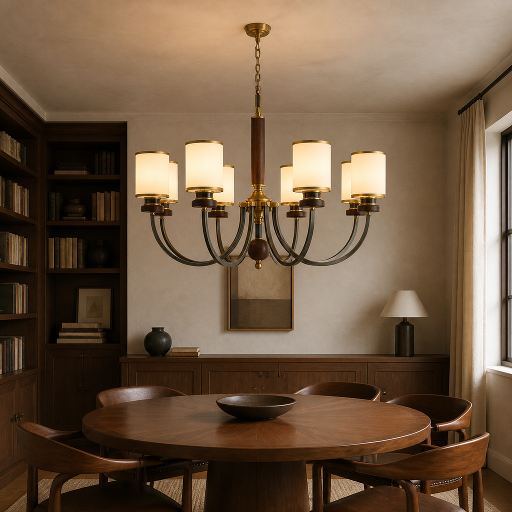 Lit Ashbourne eight-light chandelier centered in a walnut library dining room with a flush ceiling canopy