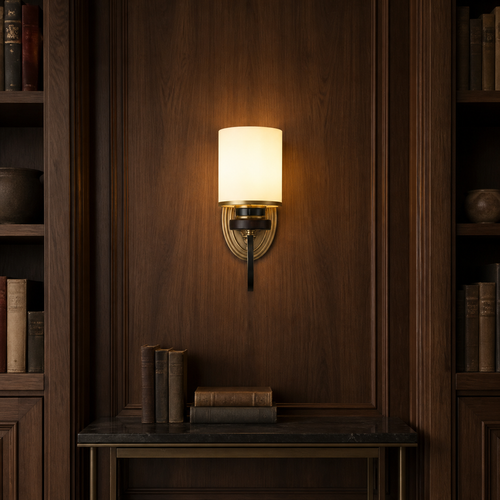 Lit Ashbourne wall sconce centered on a walnut library wall with its backplate flush to the surface