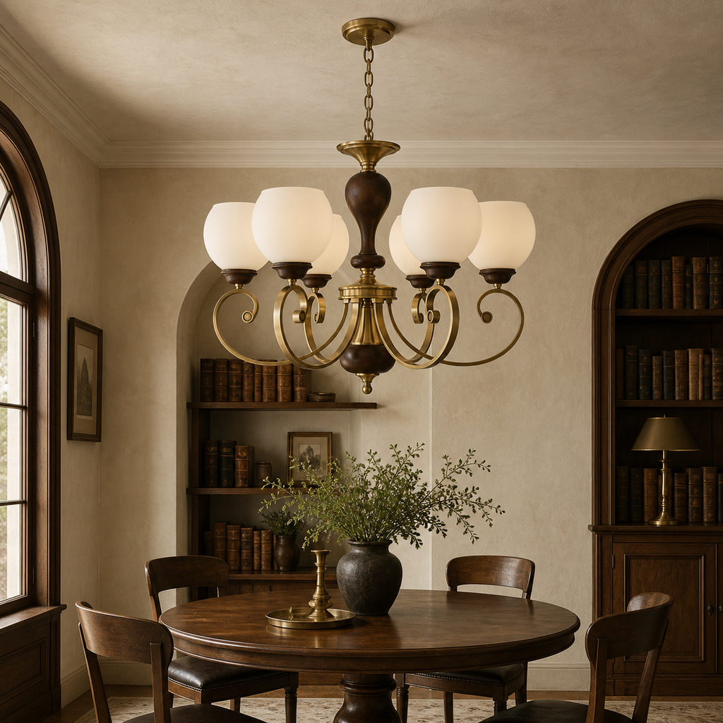 Unlit Aurellane six-light chandelier centered above a walnut library dining table with canopy flush to the ceiling