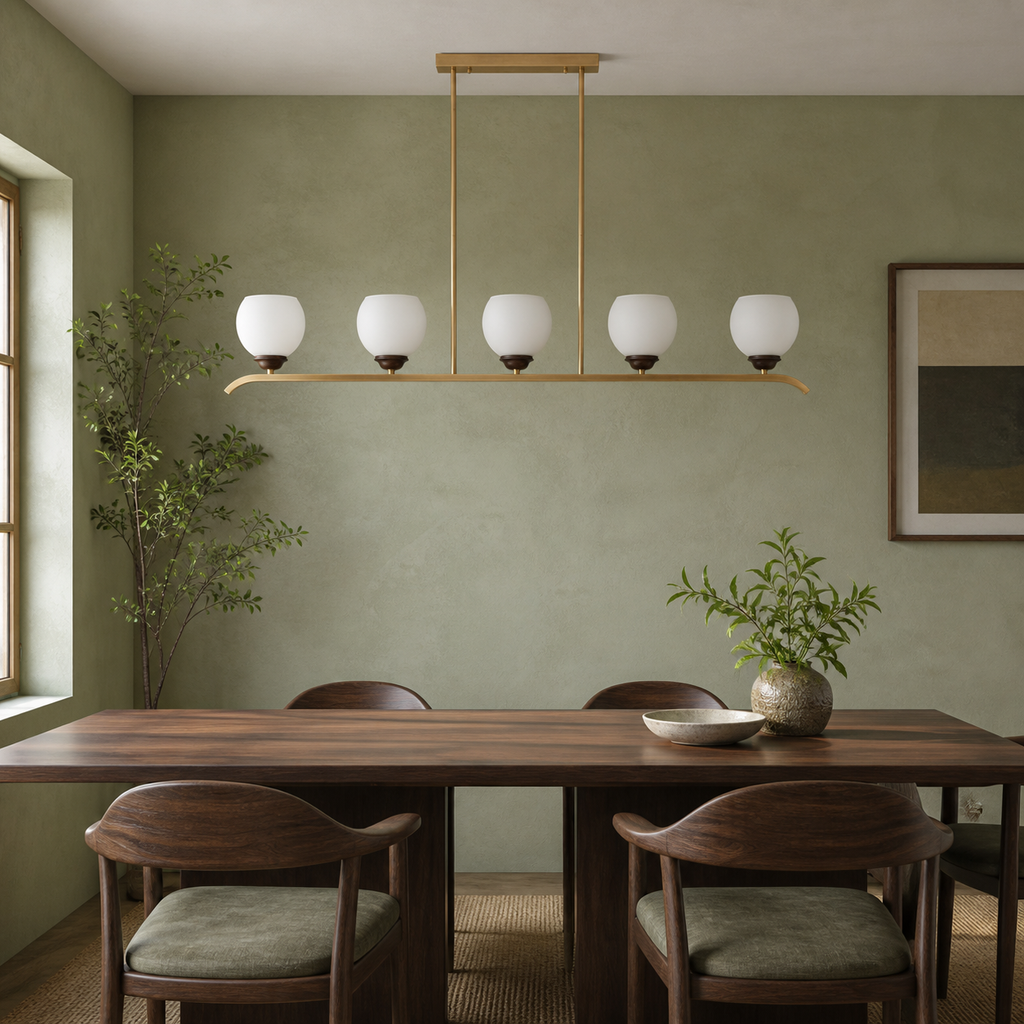 Unlit Avelune five-light linear chandelier centered above a walnut dining table with a flush ceiling canopy