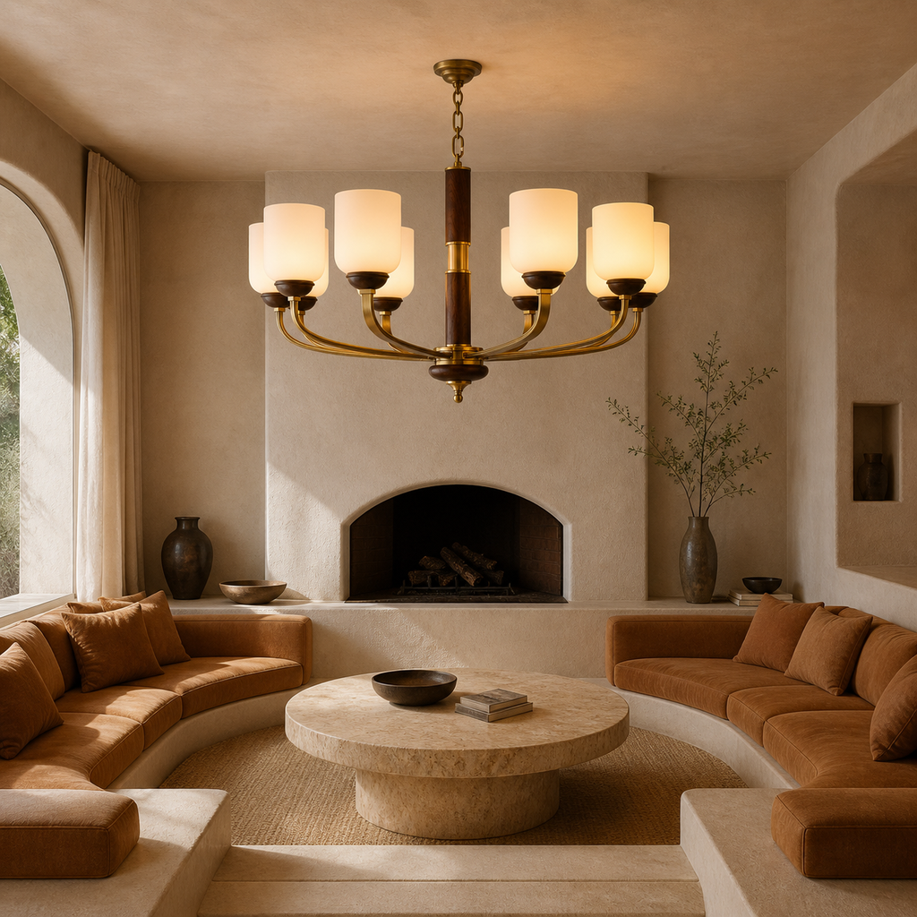 Lit Bellgrave eight-light chandelier centered in a warm 1970s Mediterranean living room with a flush ceiling canopy