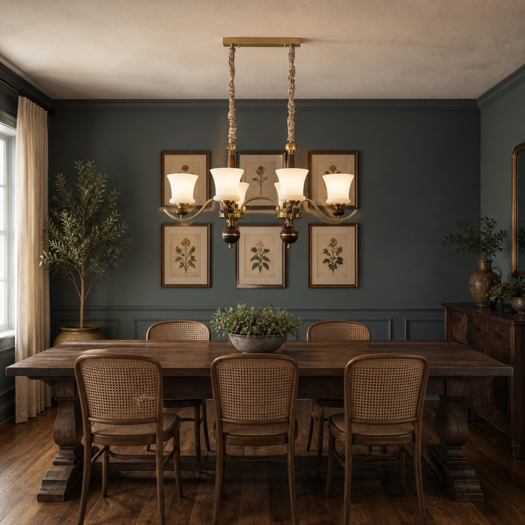 Brontelle six-light linear chandelier centered above a walnut dining table