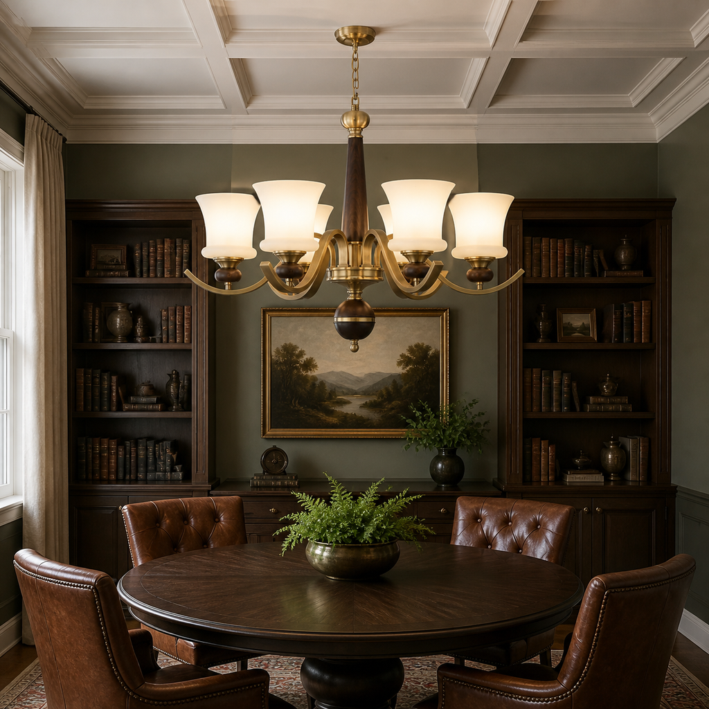Brontelle six-light chandelier centered in an American heritage library dining room