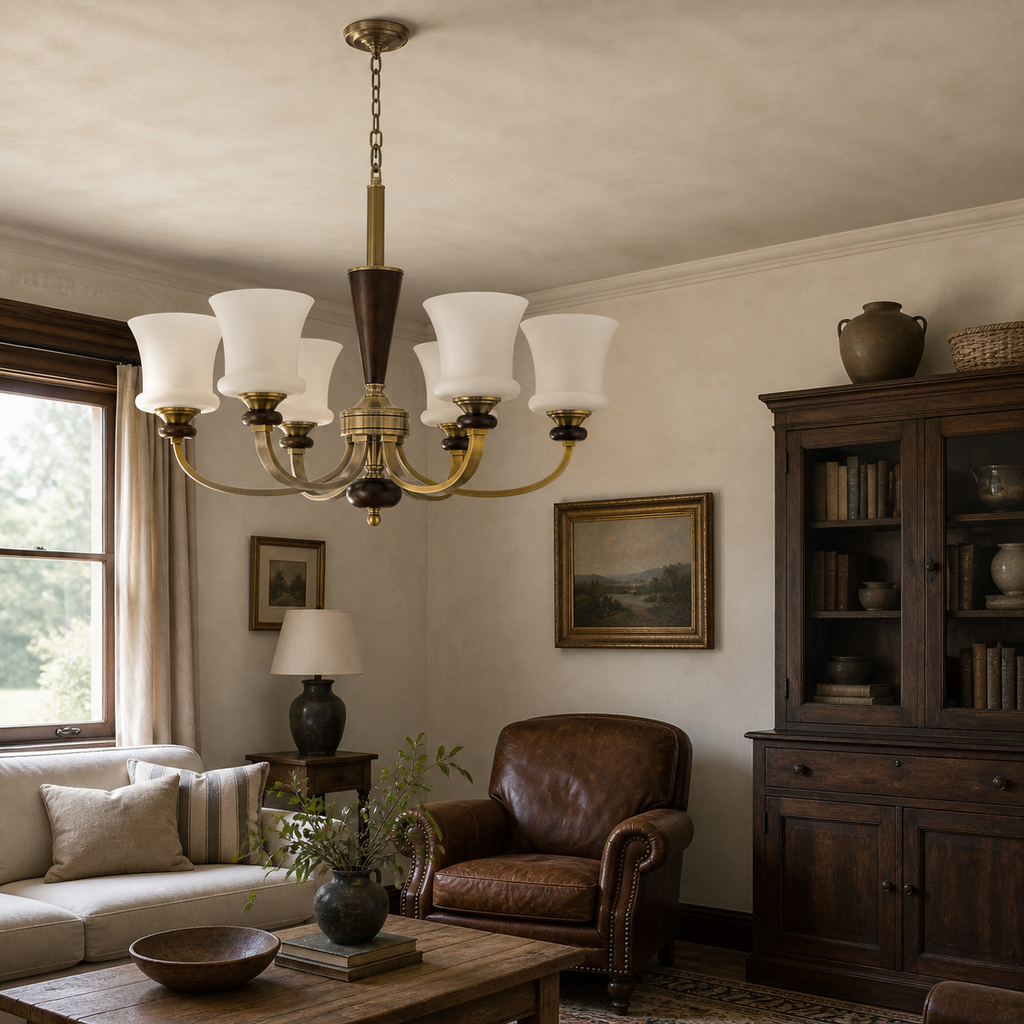 Caldrienne six-light chandelier unlit in a vintage sitting room