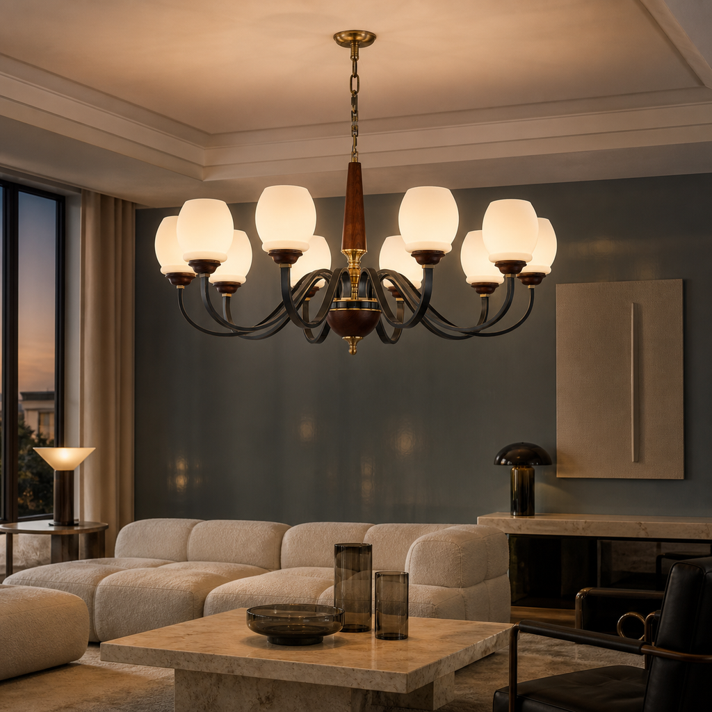 Lit Caldwell ten-light chandelier centered in a blue-grey Italian modernist salon with a flush ceiling canopy