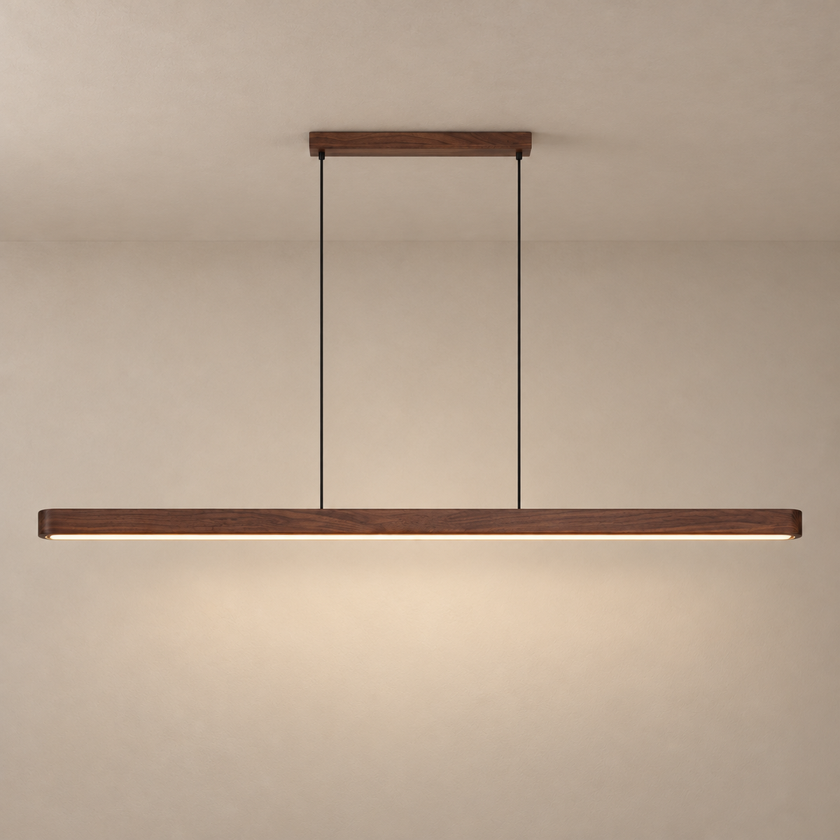 Cavoryn black walnut linear pendant with matching wood canopy and two suspension cords on a warm neutral background