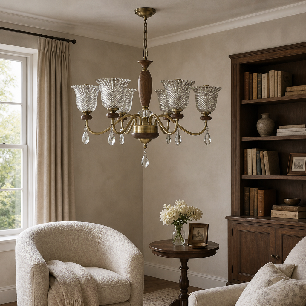 Cognelle six-light chandelier unlit in a warm reading salon