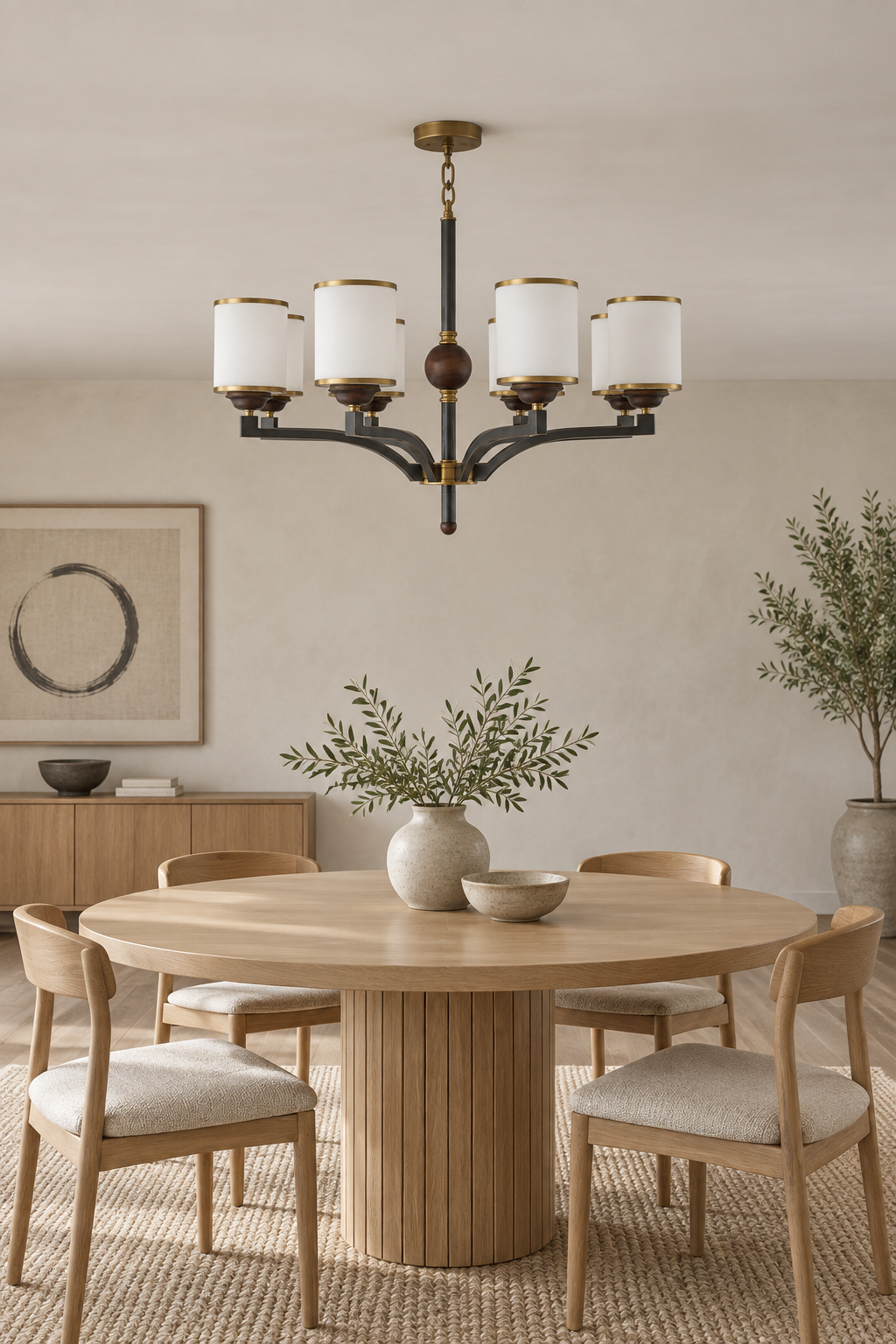 Cylmere six-light chandelier centered above a round oak table in a Japanese-modern dining room, fixture off