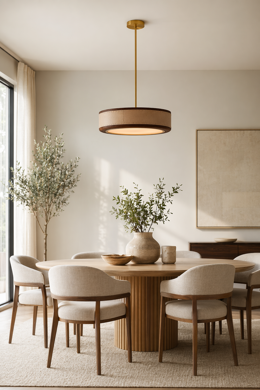 Modern Handmade Leather & Wood Ring Ceiling Light