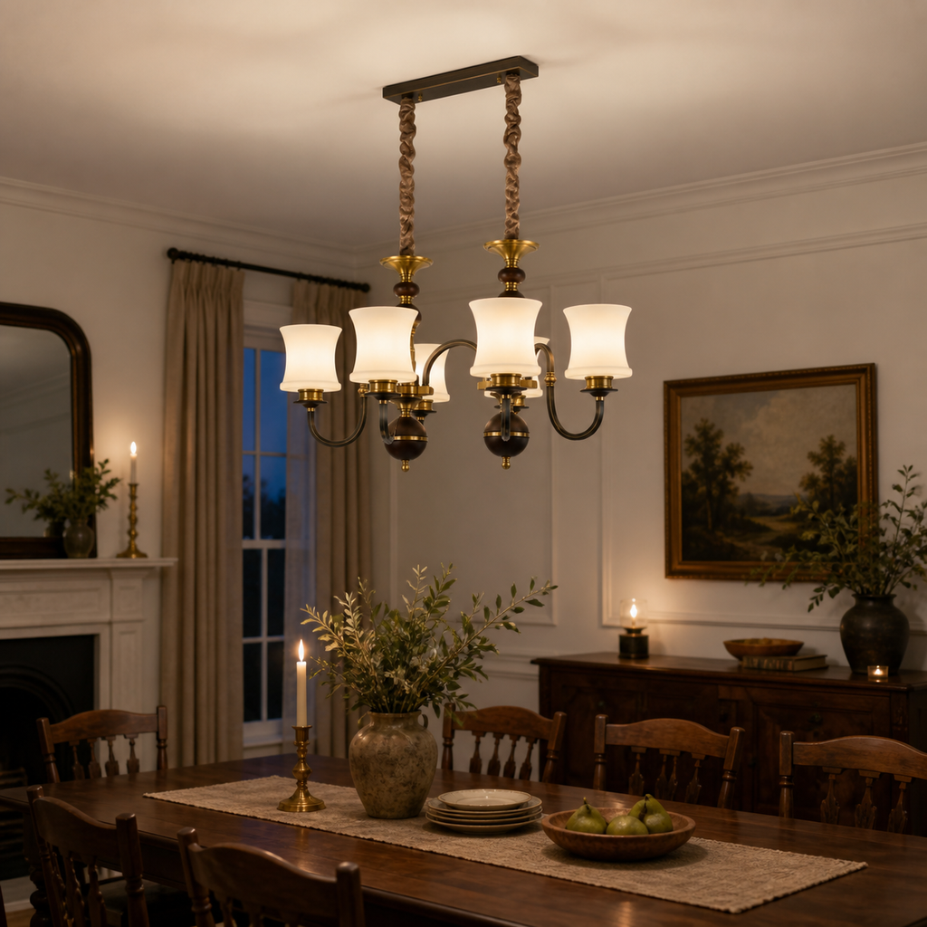 Illuminated Ebonelle six-light linear chandelier placed slightly off-center above a dark oak dining table