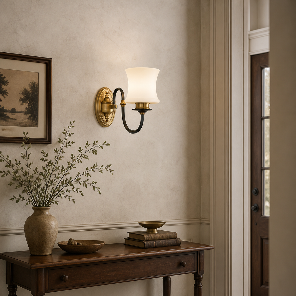 Illuminated Ebonelle one-light wall sconce centered above a walnut entry console with wall plate flush to plaster