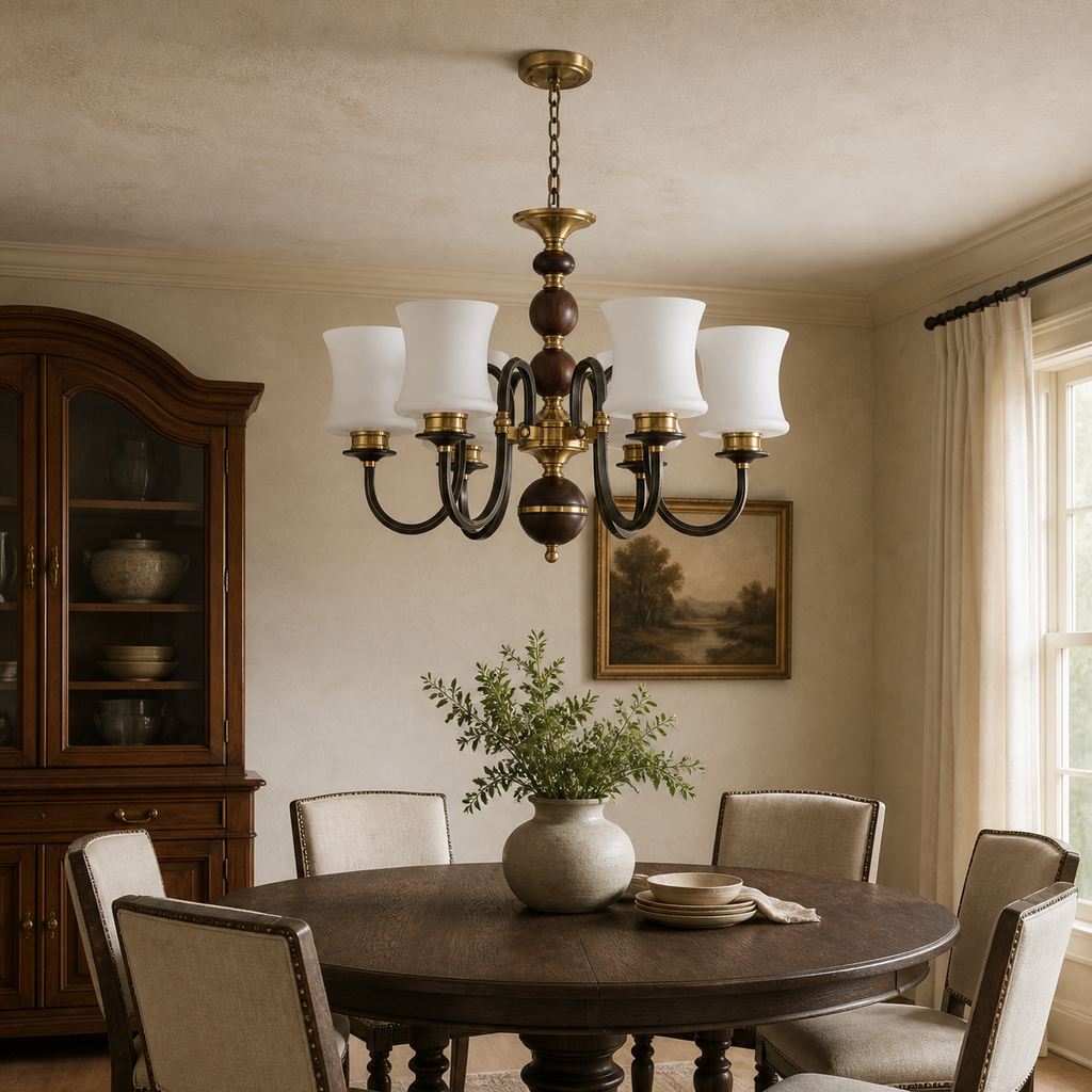 Unlit Ebonelle six-light chandelier centered above a dark oak dining table with its canopy flush to the ceiling