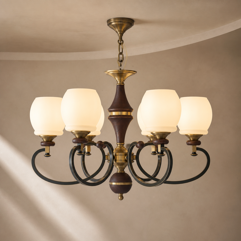 Briarwood six-light ash wood and milk glass chandelier, warm neutral hero view