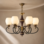 Briarwood six-light ash wood and milk glass chandelier, warm neutral hero view
