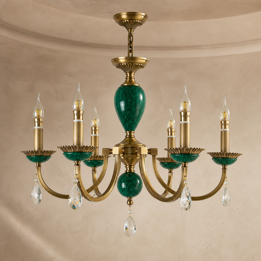 Valeria antique brass and green stone chandelier in a warm neutral room
