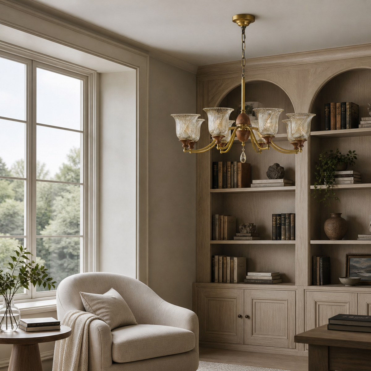 Elowen six-light chandelier in a right-weighted light oak library