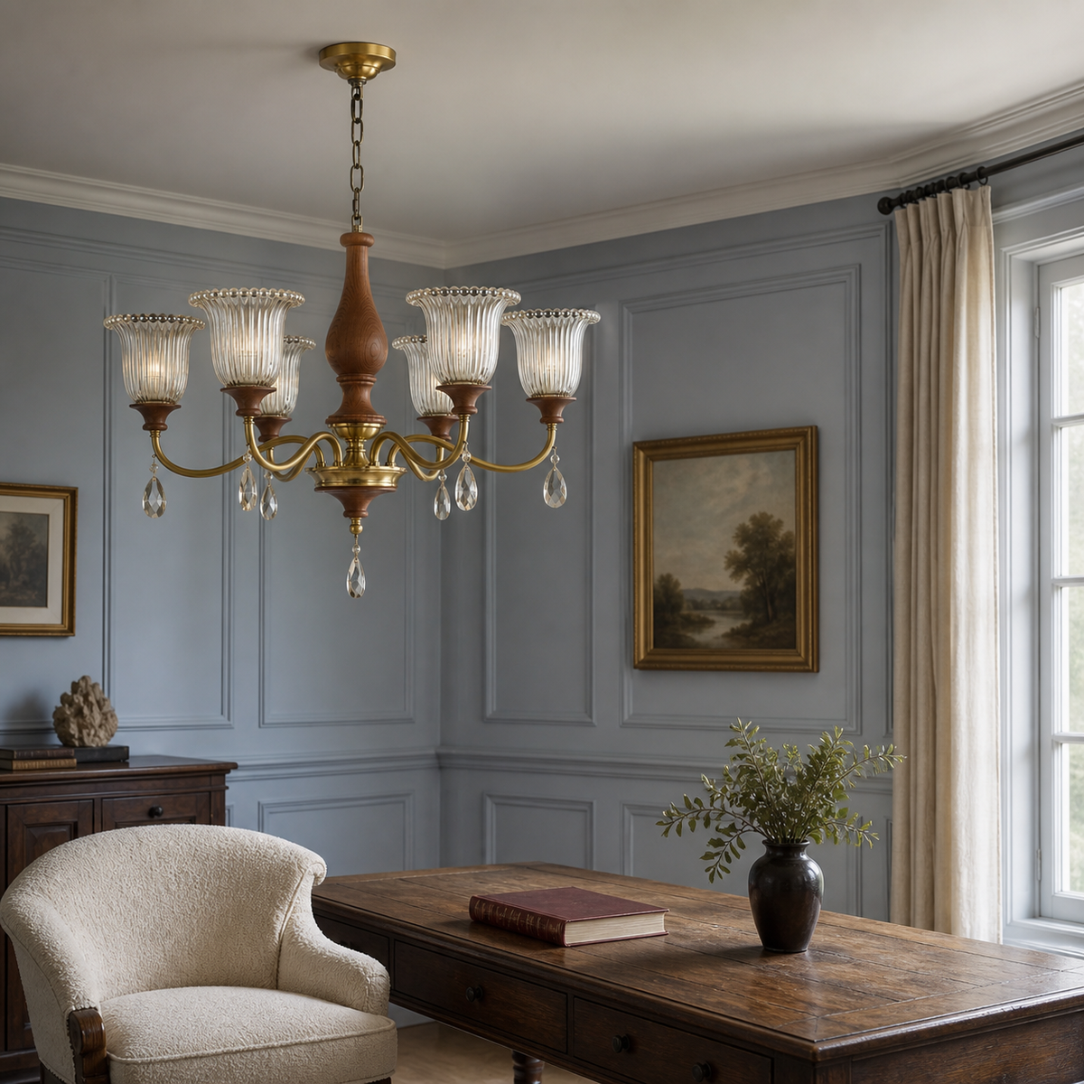 Rosalind six-light chandelier in a left-weighted blue-gray study