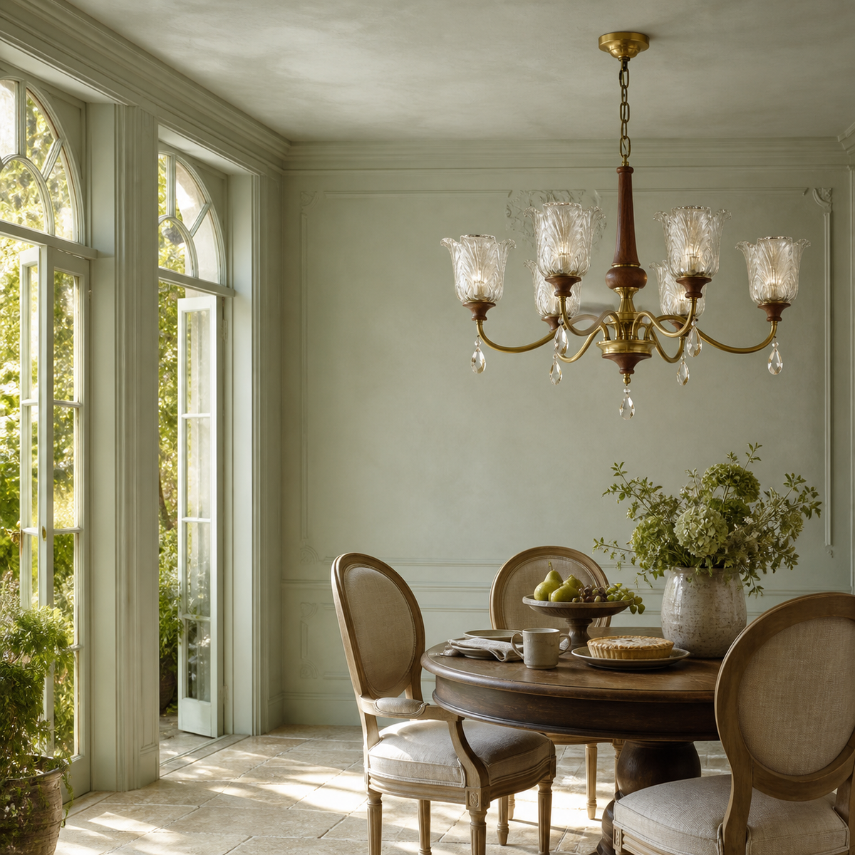 Aurelia six-light chandelier on the right third in a celadon conservatory