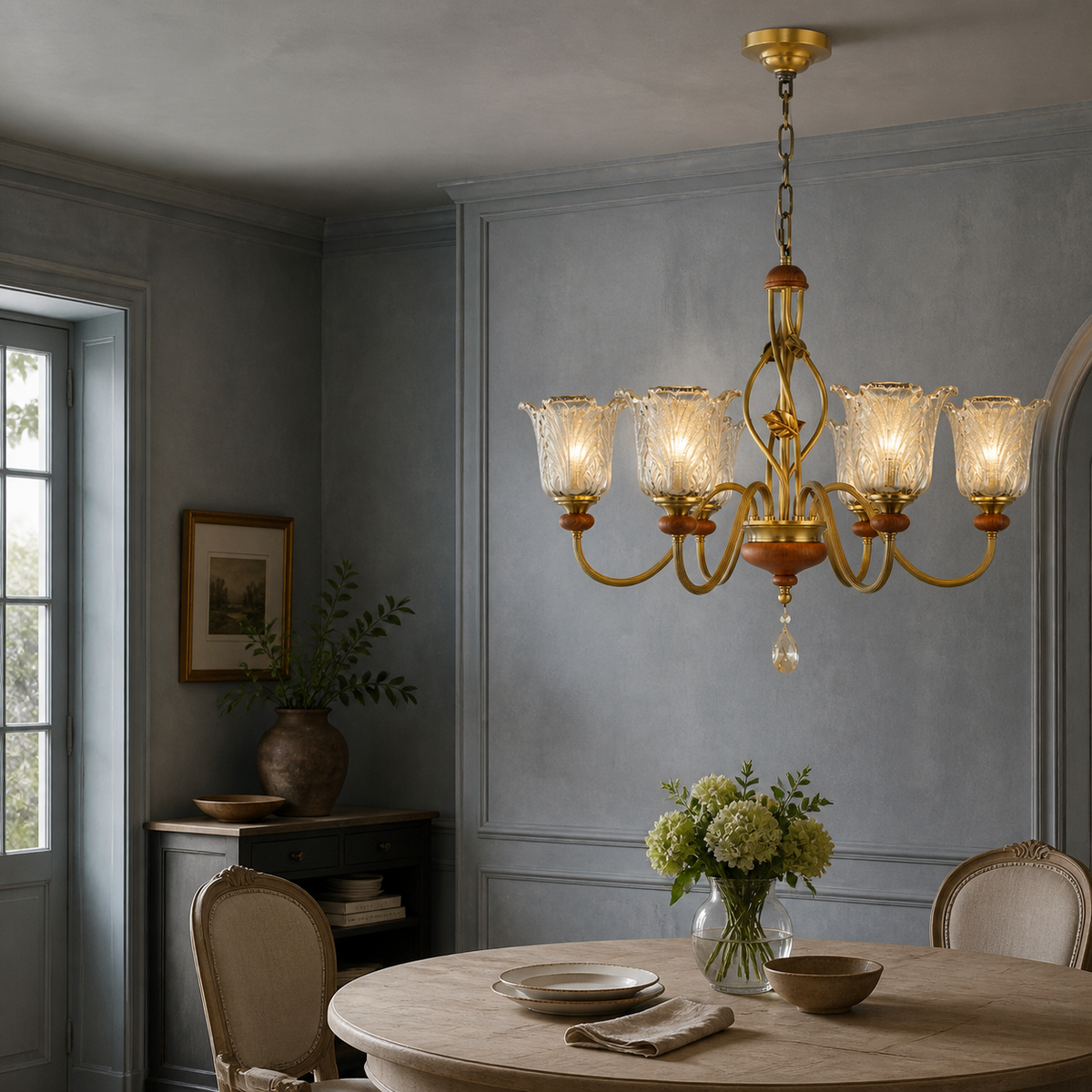 Six-light sculpted leaf glass chandelier on the right third in a slate-blue breakfast salon