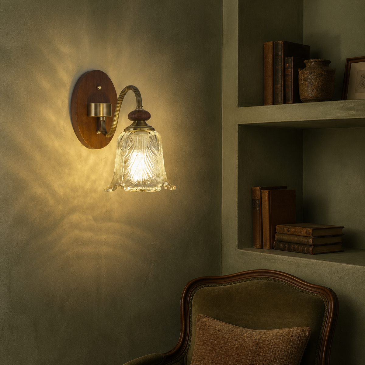 Sculpted leaf glass wall sconce on the left third in a moss-green reading alcove