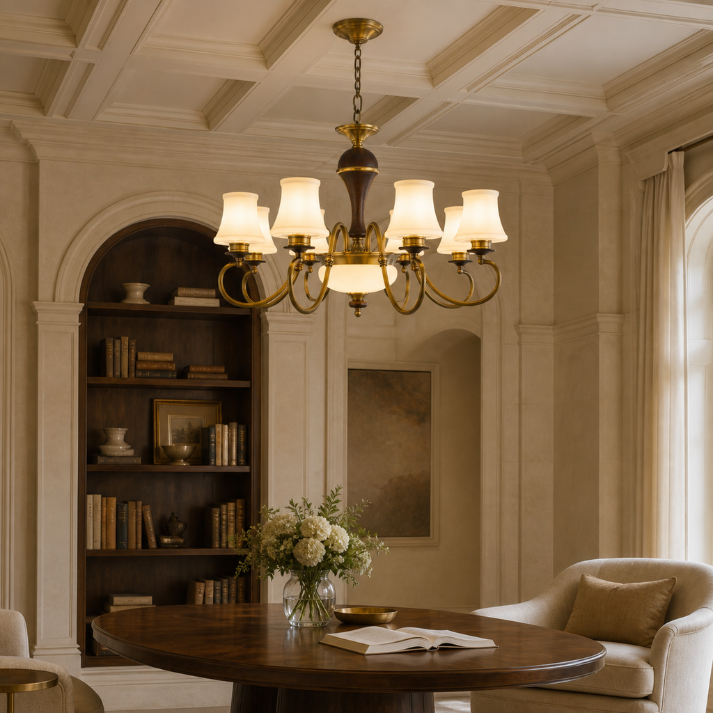 Lit Glenhaven eight-light chandelier centered in a pale stone Beaux-Arts library with a flush ceiling canopy