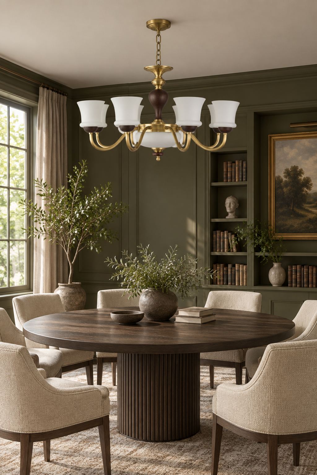 Halveraine eight-light chandelier centered above a round table in a dark olive reading salon, fixture off