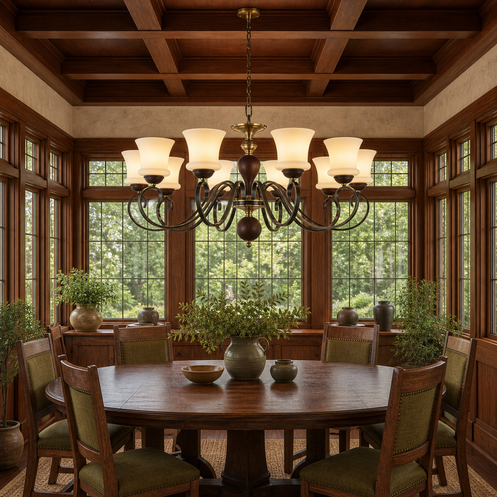 Lit Harrington ten-light chandelier centered in an Arts and Crafts cedar dining room with a flush ceiling canopy