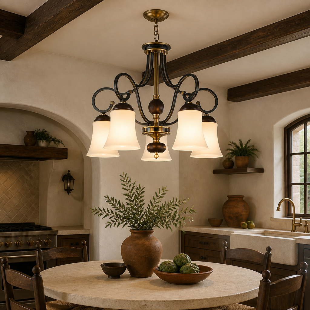 Lit Haverford five-light downward chandelier centered over a Spanish Colonial kitchen table with a flush ceiling canopy
